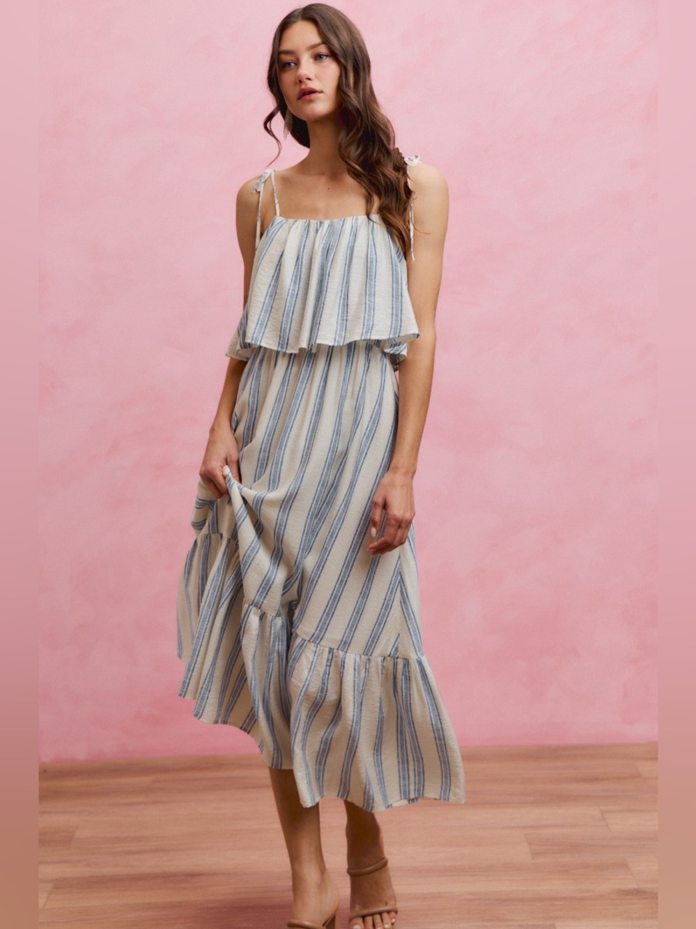 SO ME Stripe Tiered Shoulder Tie Midi Lined Dress - Picture 13 of 15